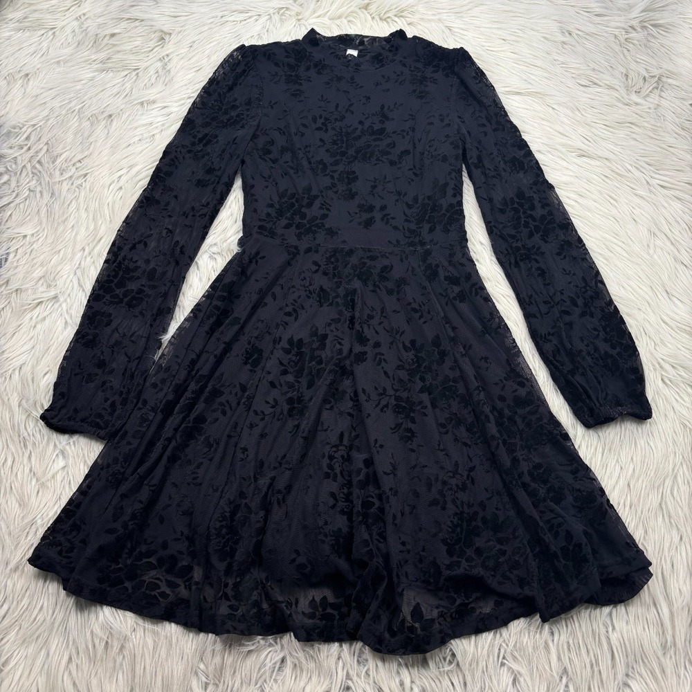 American Rag Women's S‎ Black Velvet Burn Out Mesh Fit Flare Dress Goth Witch